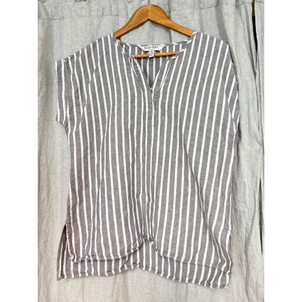 Ellen Tracy Linen Blend Striped Split‎ Neck Top Grey White Womens Medium